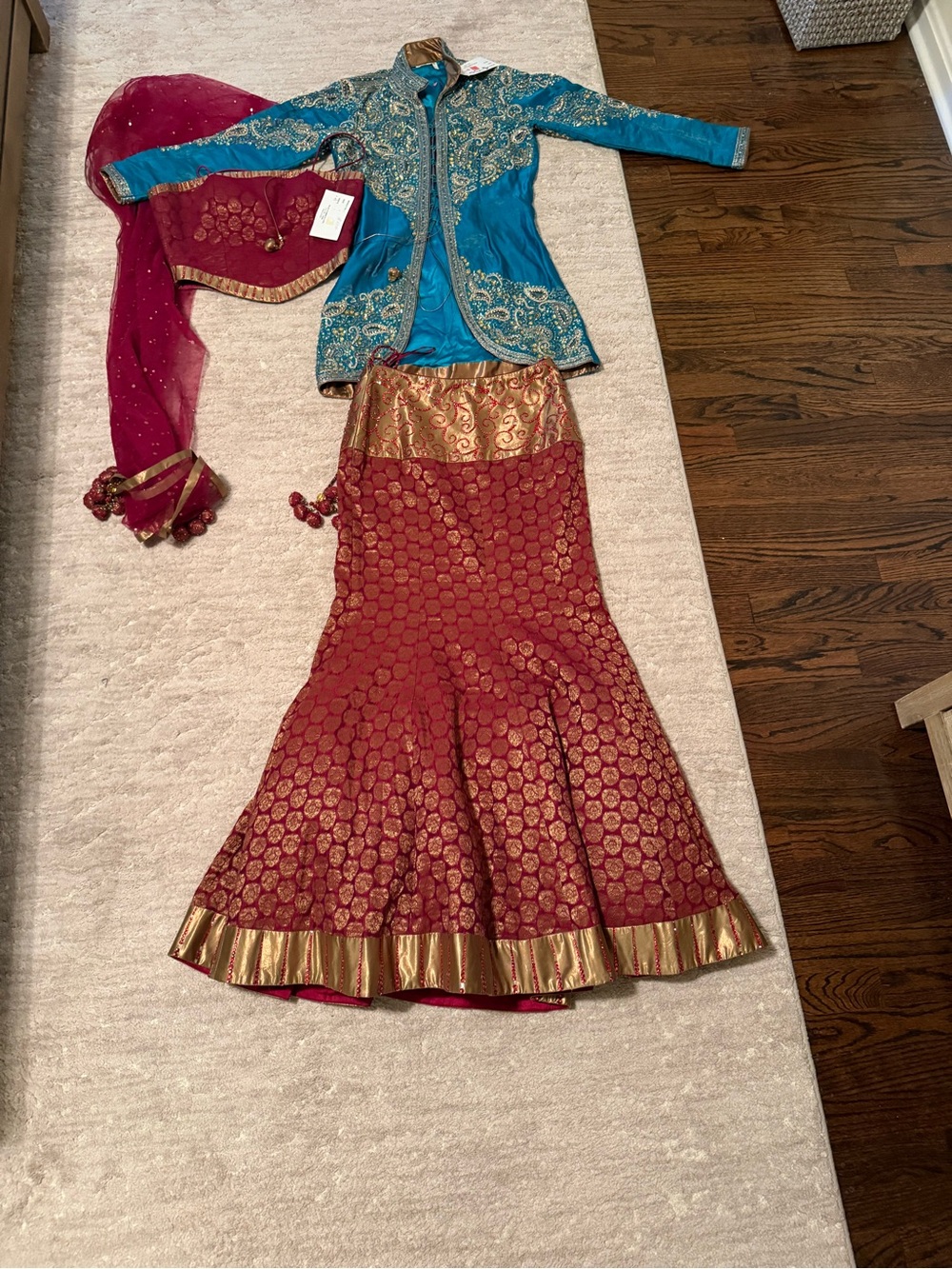 Bridal Maroon & Gold Brocad with Turquoise Jacket Mermaid Style Lehenga